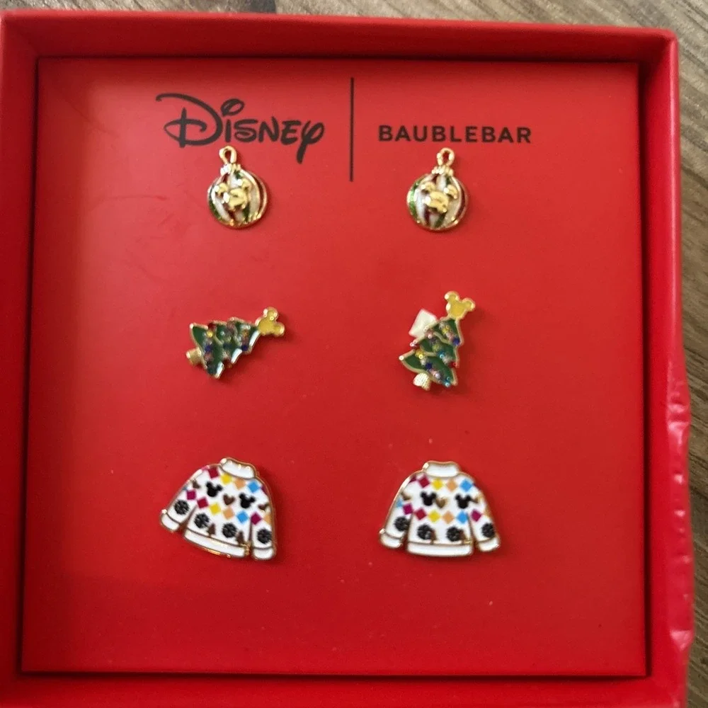 Disney Baublebar Christmas Sweater Trees Ornaments Earrings Set Of 3‎ Studs